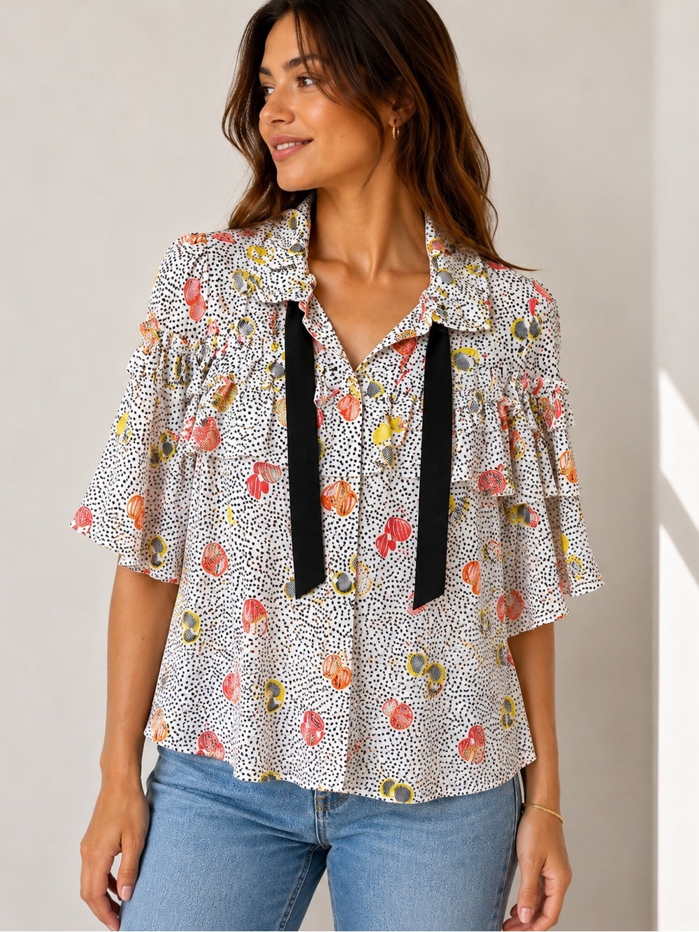 Zara Basic Ruffle Tie Neck Printed Blouse Polka Dot Multicolor Women’s XL